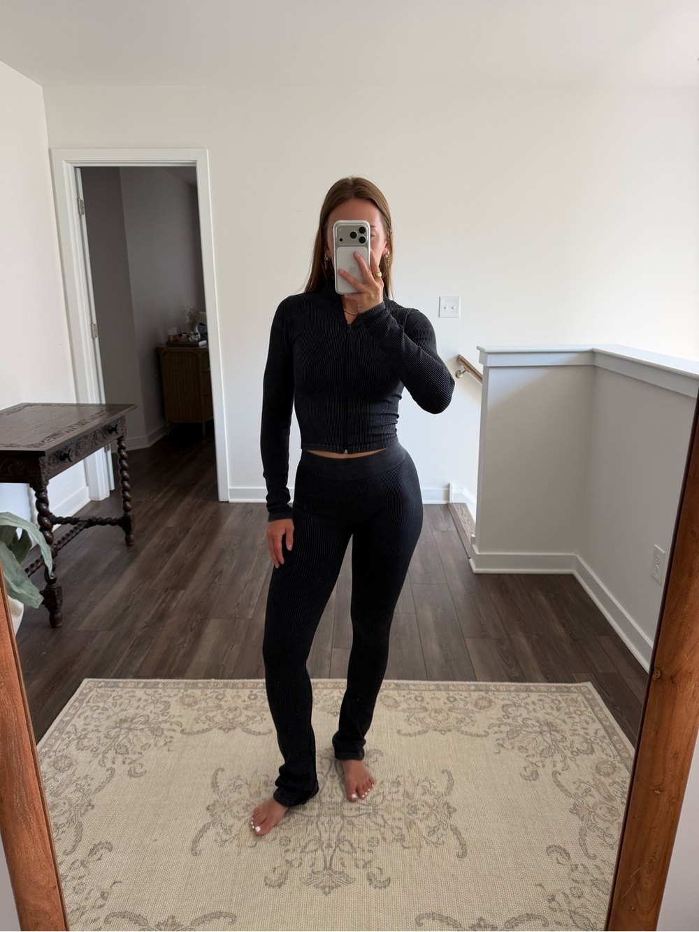 T.J.Maxx Black Ribbed Track Pants & Zip-Up Top Set